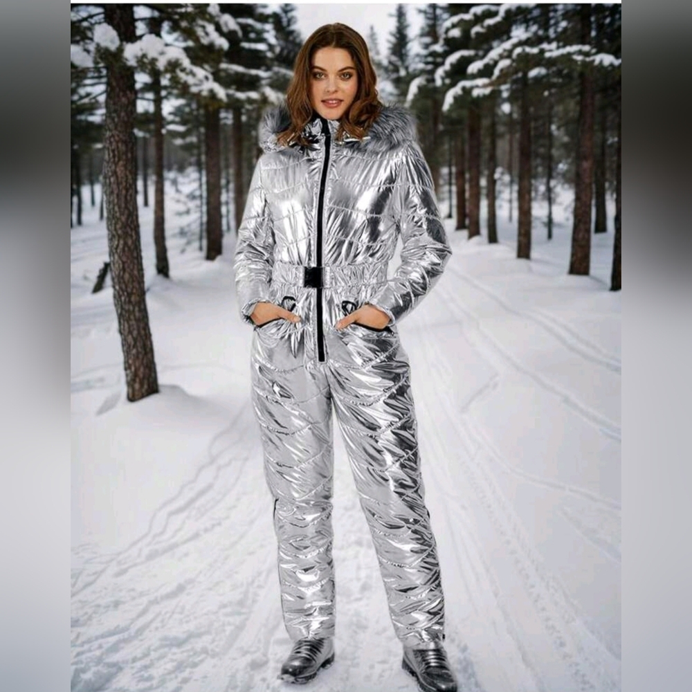 Women's Silver Ski & Snow With Fur Hood Jacket